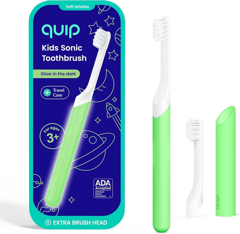 quip Sonic Toothbrush for Kids with Timer - Includes Extra Brush Head and Travel Cover Mount - Electric, Soft Bristle Refill Head, Rubber Handle, 3 Month Battery Life - Glow in The Dark, Green - Image 1